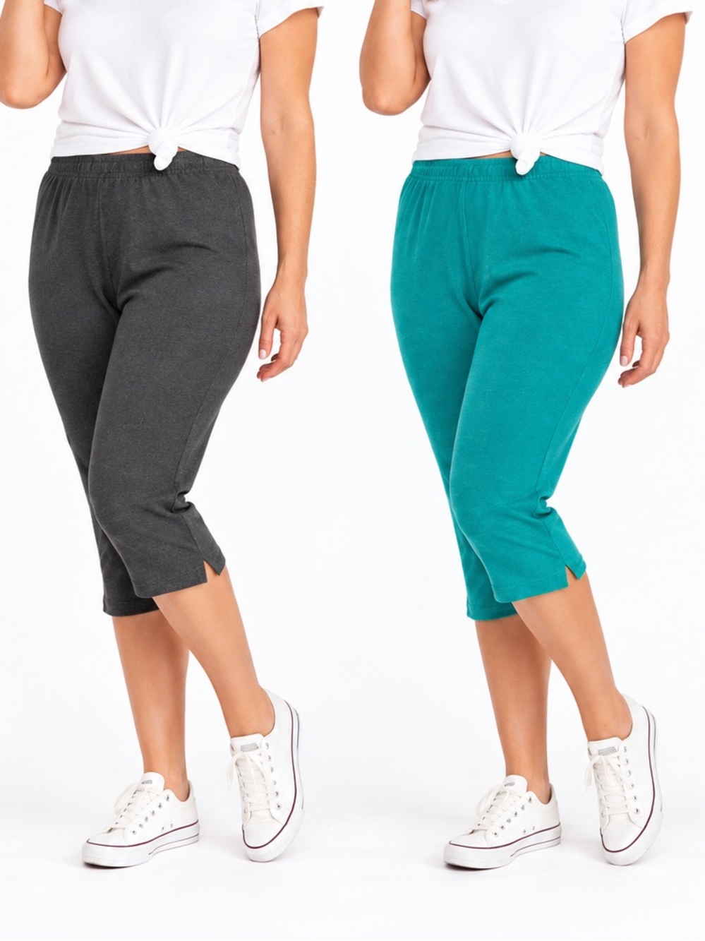 TWO! Woman Within Capri Pants Bundle 1X Teal Gray Pull-On Cotton Capris